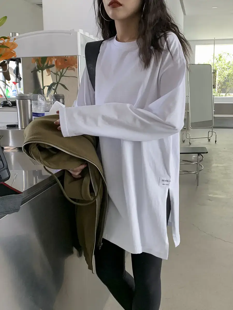 Women Korean Style Slit Long Sleeve Blouse White — feature 11