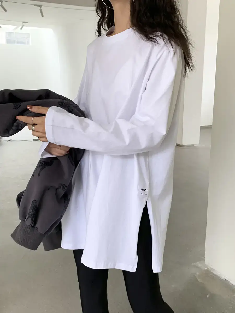 Women Korean Style Slit Long Sleeve Blouse White — feature 9