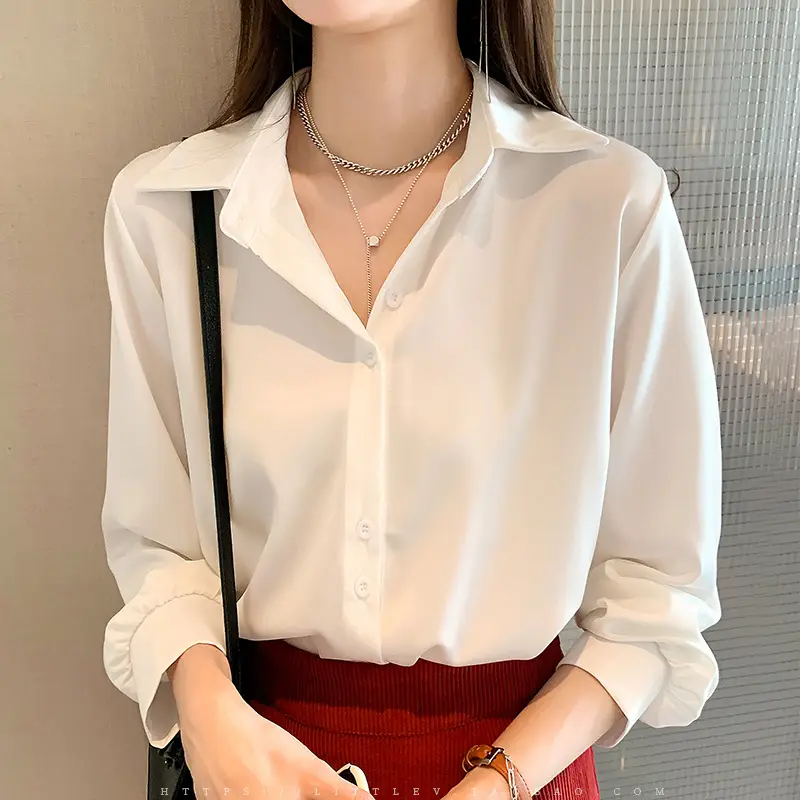 Women's Long Sleeve White V-Neck Shirt Spring Wear - Image 7