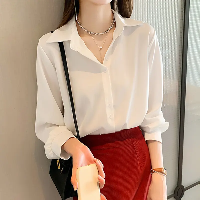 Women's Long Sleeve White V-Neck Shirt Spring Wear - Image 8