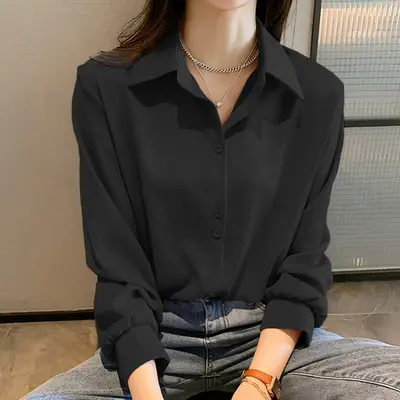 Women's Long Sleeve White V-Neck Shirt Spring Wear - Image 2