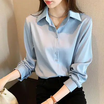 Women's Long Sleeve White V-Neck Shirt Spring Wear - Image 4