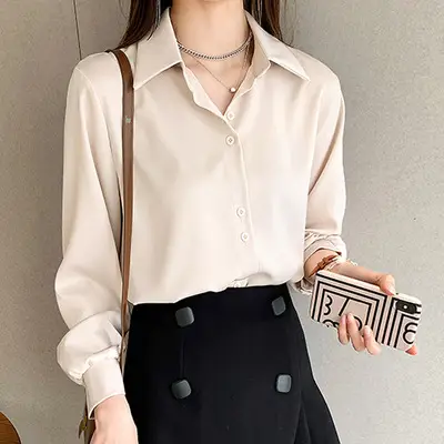 Women's Long Sleeve White V-Neck Shirt Spring Wear - Image 5