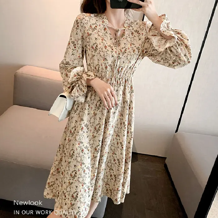French Floral Dress Women 2025 Long Skirt Waist Slimming - Image 3