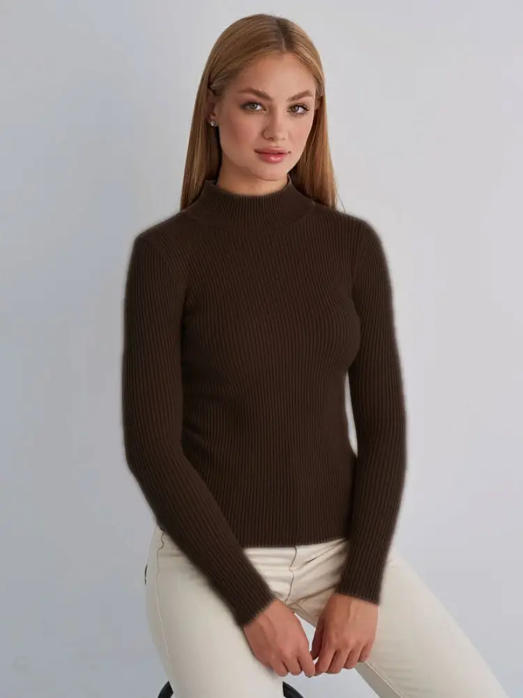 Pink Slim Fit Knit Half-Turtleneck Sweater for Women