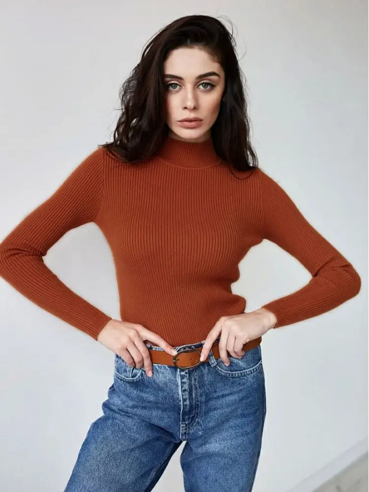 Pink Slim Fit Knit Half-Turtleneck Sweater for Women