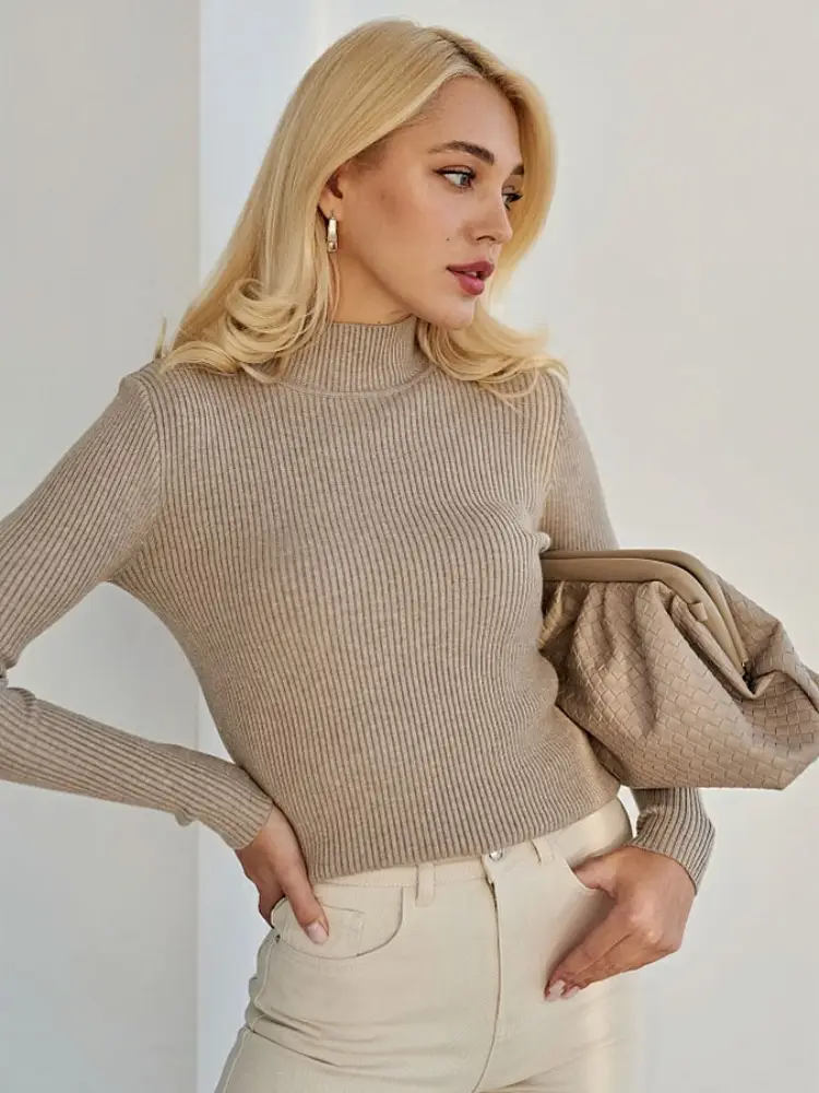 Pink Slim Fit Knit Half-Turtleneck Sweater for Women