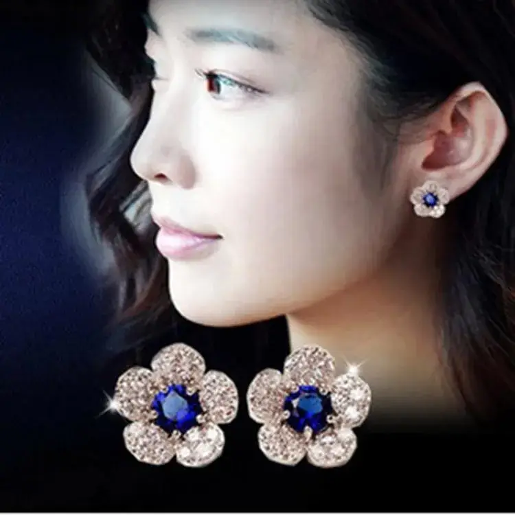 New South Korea Earrings Silver White Bottom Flower Sapphire Full Diamond Women's Earrings Distinctive Small Earrings - Image 3