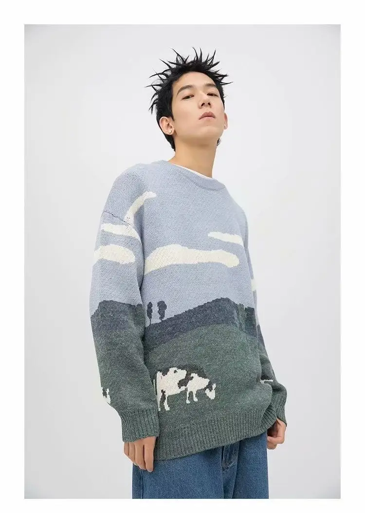 Men's Striped Cotton Sweater Blue Grey Loose Spring Autumn 2021 - Image 4