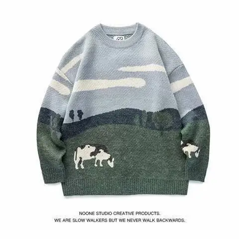 Men's Striped Cotton Sweater Blue Grey Loose Spring Autumn 2021 - Image 2
