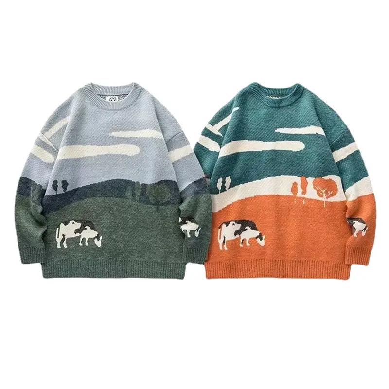 Men's Striped Cotton Sweater Blue Grey Loose Spring Autumn 2021 - Image 5