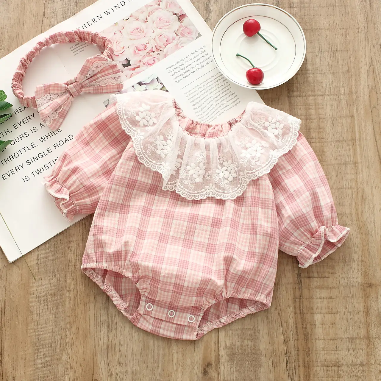 Newborn Baby Romper Plaid Lace Triangle Set