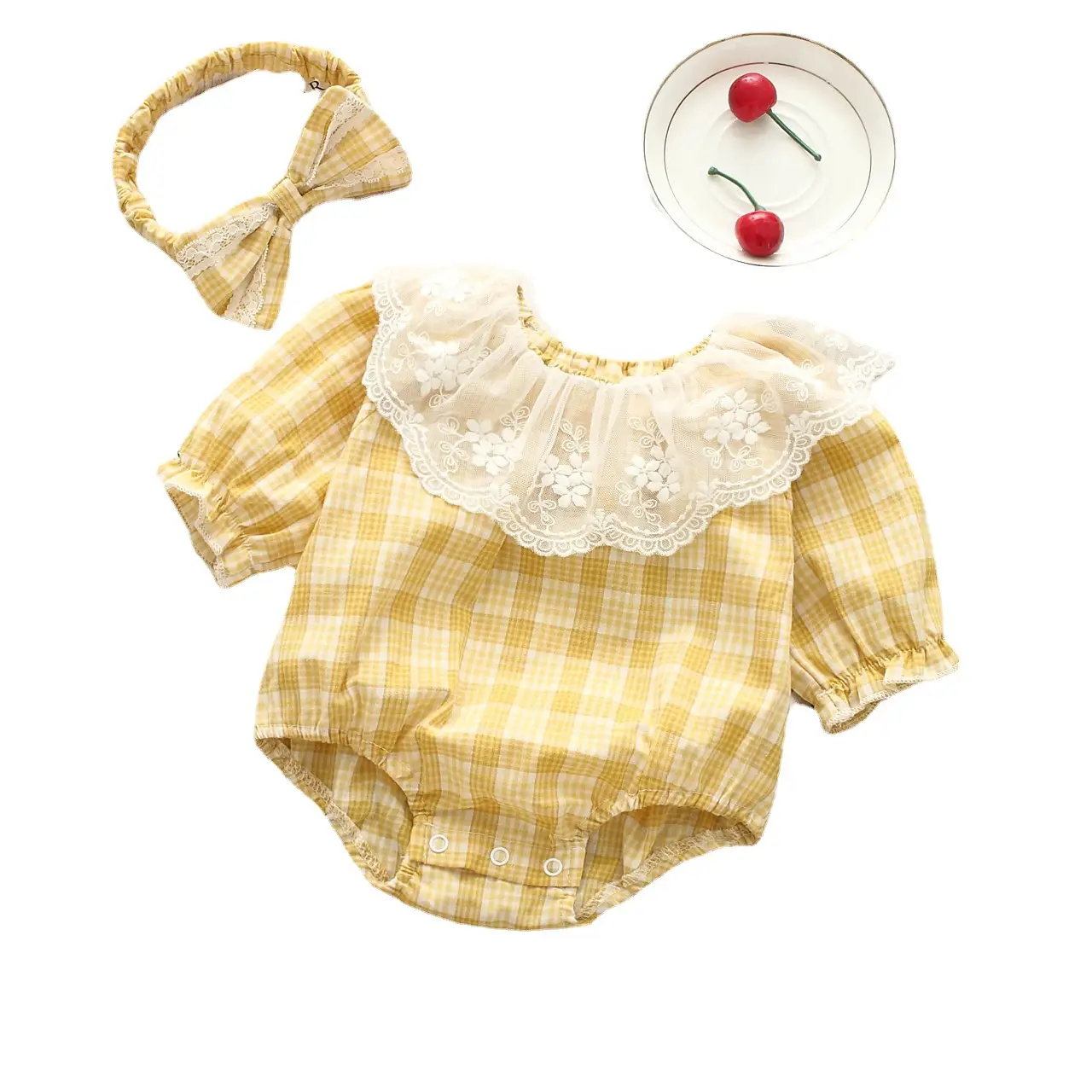 Newborn Baby Romper Plaid Lace Triangle Set