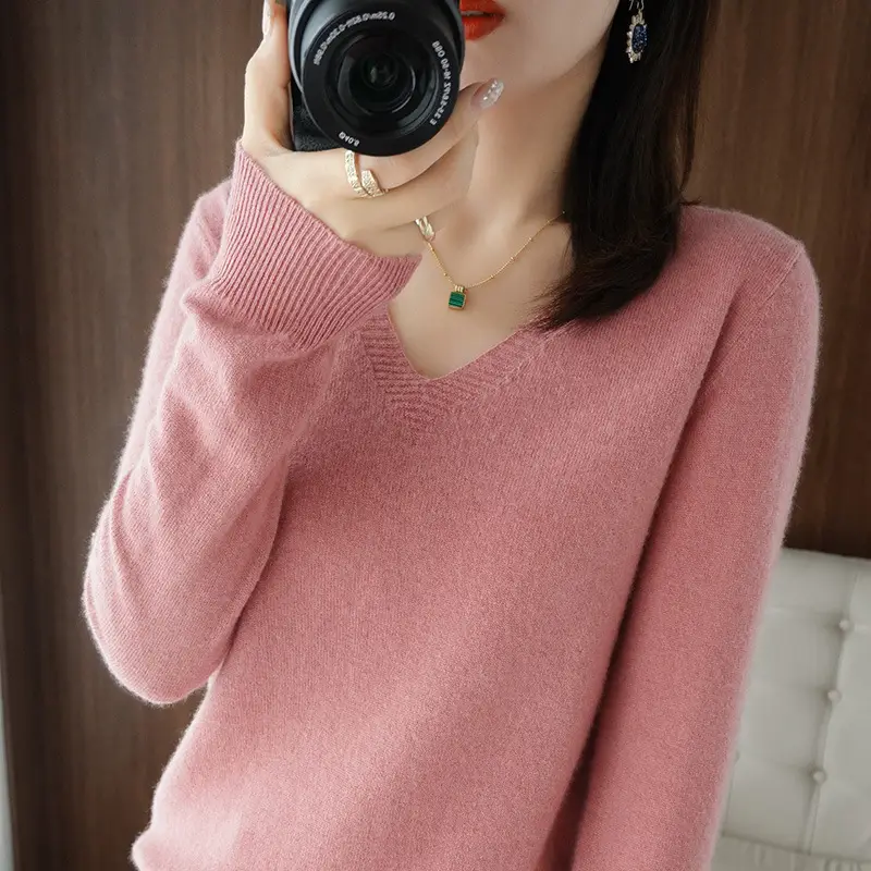 Women Knitted V-Neck Pullover Sweater Cream - Image 5