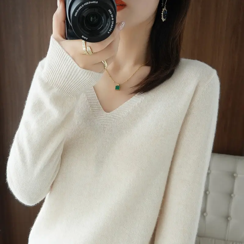 Women Knitted V-Neck Pullover Sweater Cream - Image 15