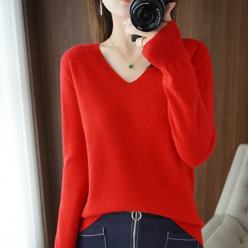 Women Knitted V-Neck Pullover Sweater Cream - Image 12