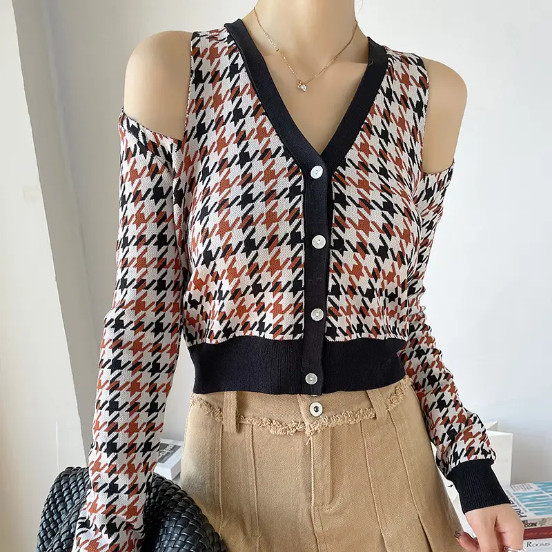 New Women's Houndstooth Knitted Shoulder Cardigan - Image 3