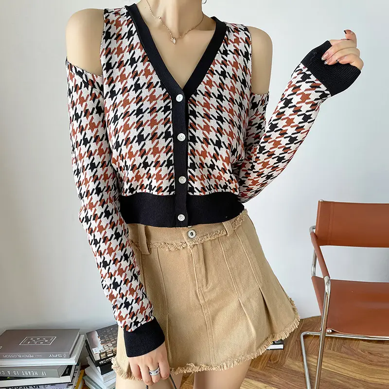 New Women's Houndstooth Knitted Shoulder Cardigan - Image 5