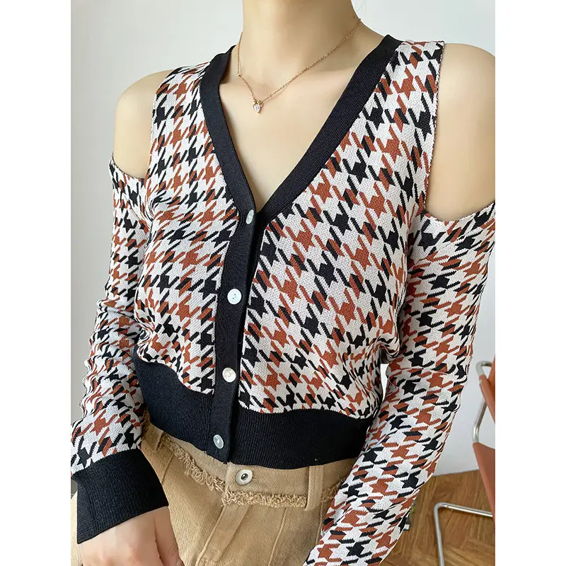 New Women's Houndstooth Knitted Shoulder Cardigan - Image 6