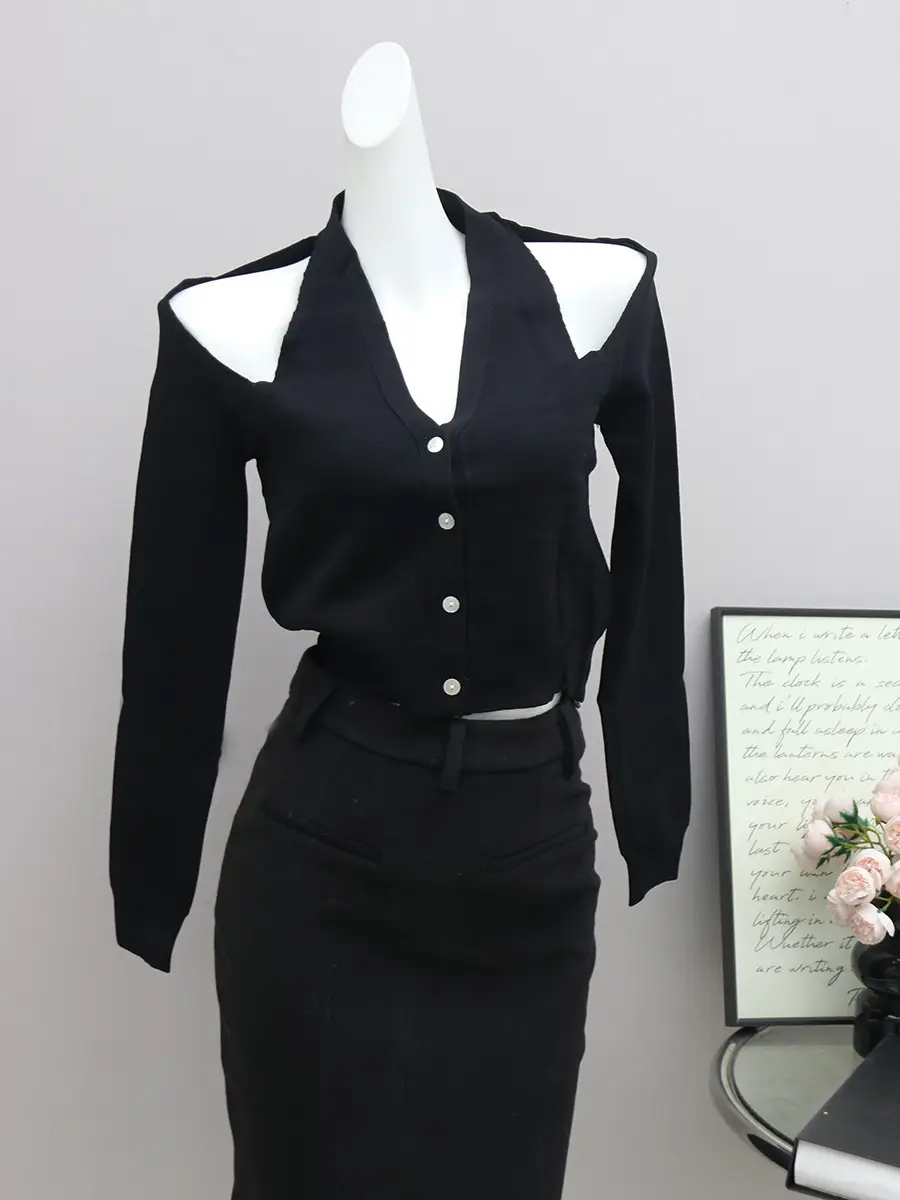 New Women's Houndstooth Knitted Shoulder Cardigan