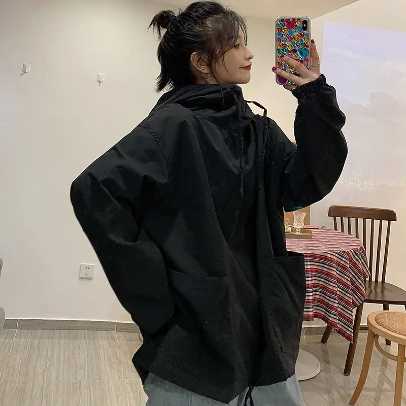 Women Korean Style Olive Green Hooded Sweatshirt Loose Fit