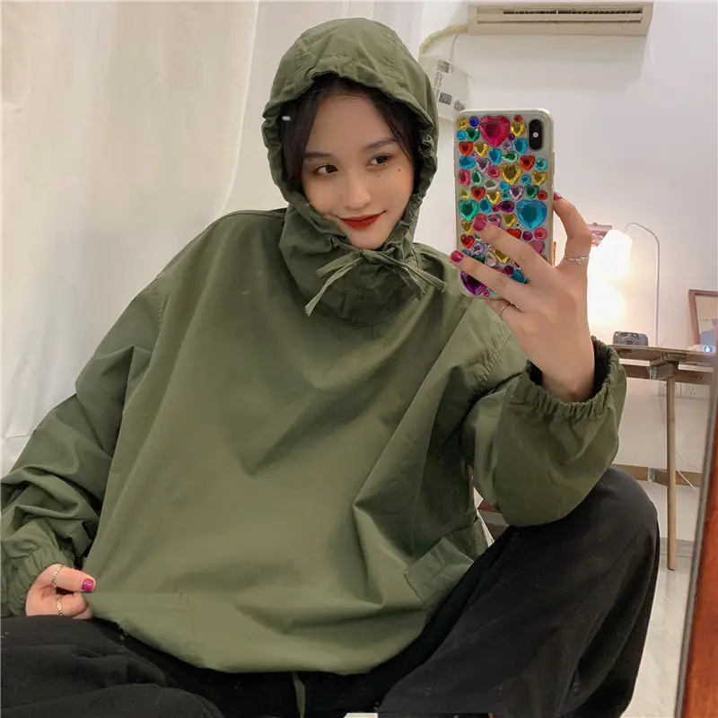 Women Korean Style Olive Green Hooded Sweatshirt Loose Fit