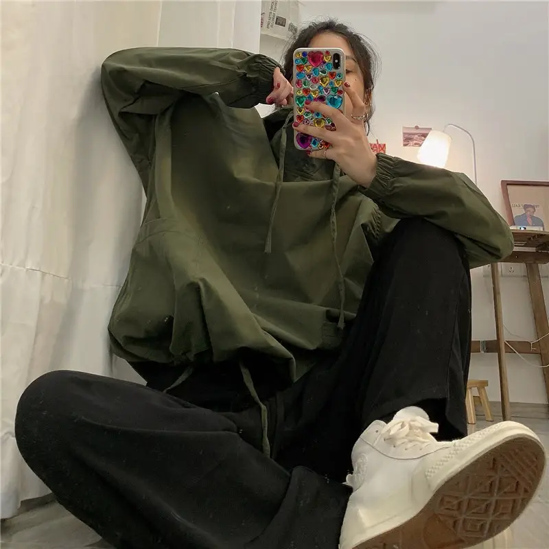 Women Korean Style Olive Green Hooded Sweatshirt Loose Fit — feature 7