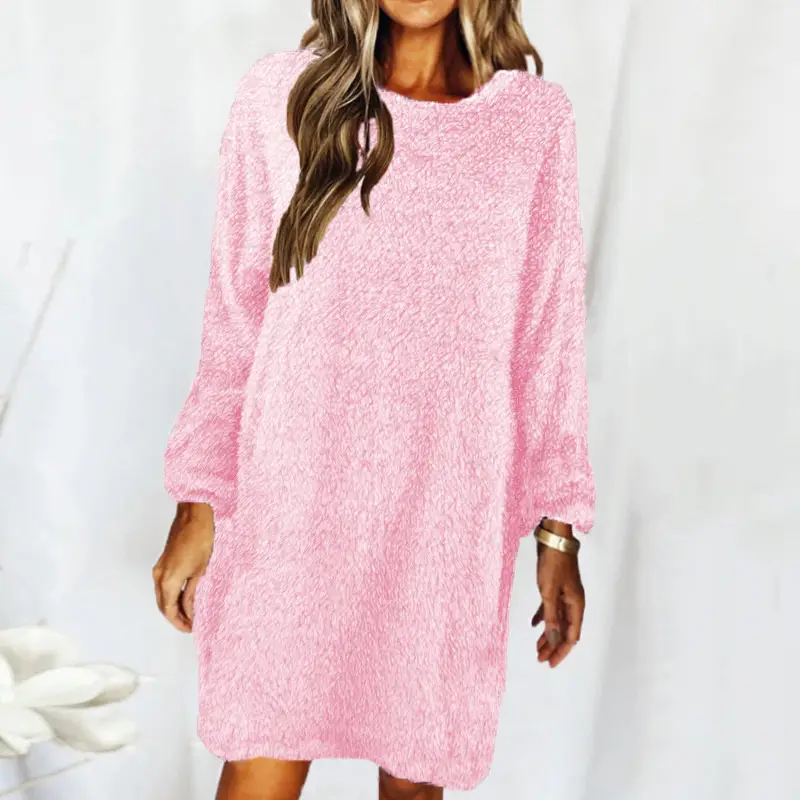 White Loose Long Sleeve Plush Dress for Women
