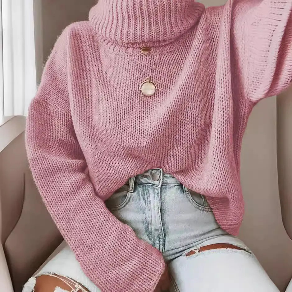 Pink Knit Turtleneck Sweater for Women Autumn Winter - Image 12