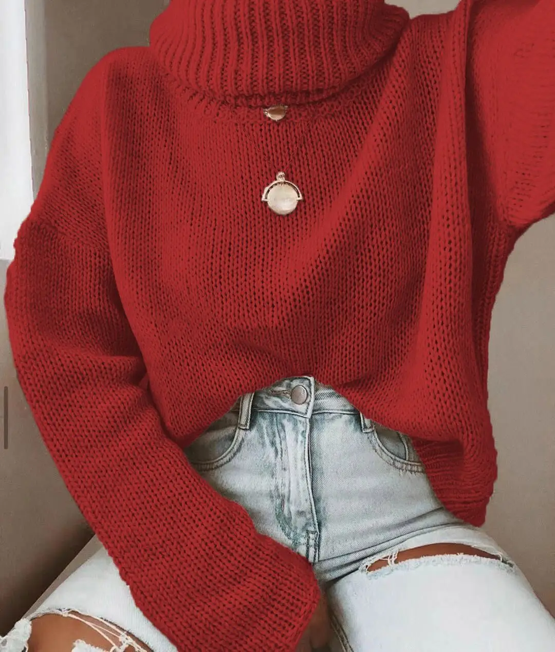 Pink Knit Turtleneck Sweater for Women Autumn Winter - Image 3