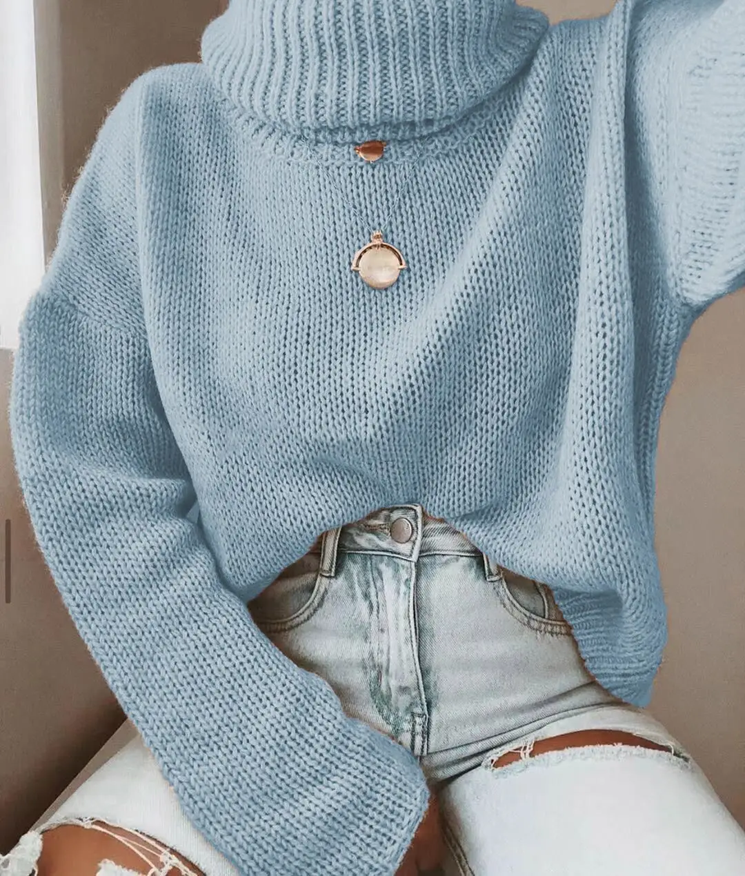 Pink Knit Turtleneck Sweater for Women Autumn Winter - Image 5