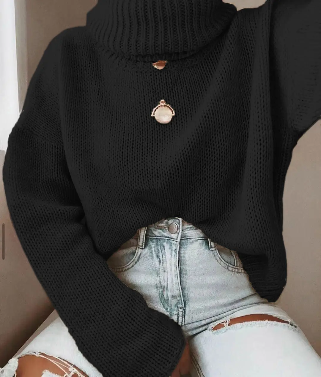 Pink Knit Turtleneck Sweater for Women Autumn Winter - Image 8