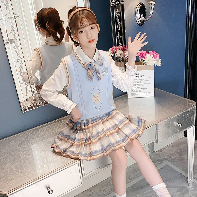 Girls' School Suit Set Blue Plaid Bow Shirt 2025 Spring - Image 4