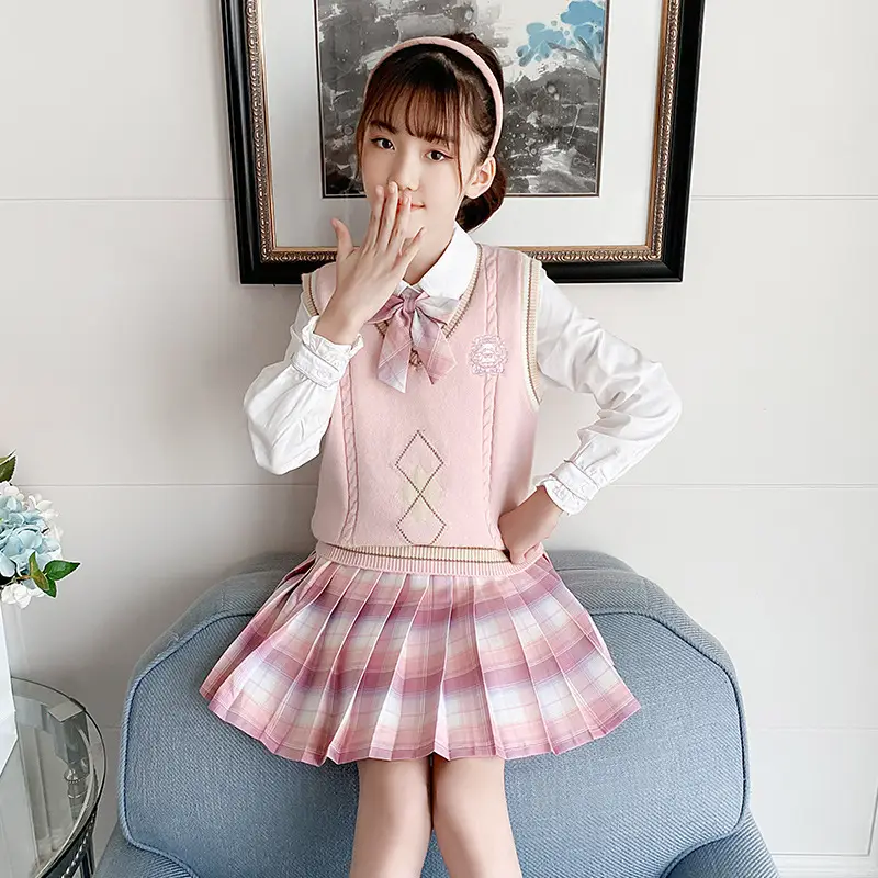 Girls' School Suit Set Blue Plaid Bow Shirt 2025 Spring - Image 5