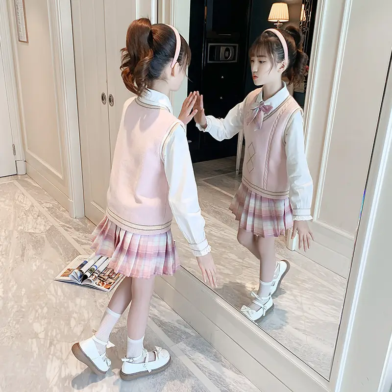 Girls' School Suit Set Blue Plaid Bow Shirt 2025 Spring - Image 6