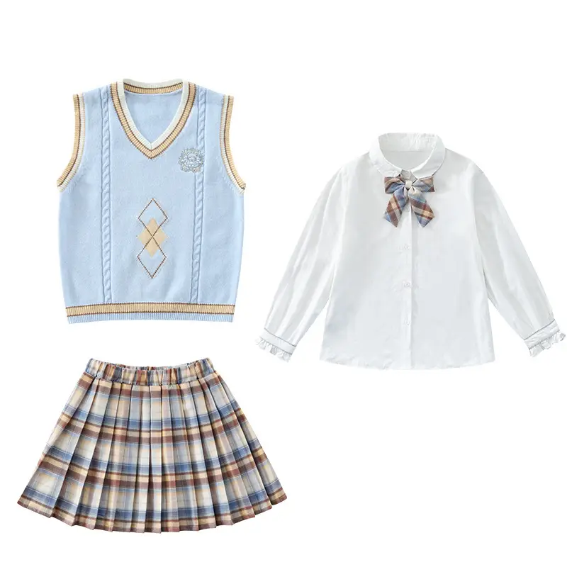 Girls' School Suit Set Blue Plaid Bow Shirt 2025 Spring - Image 7