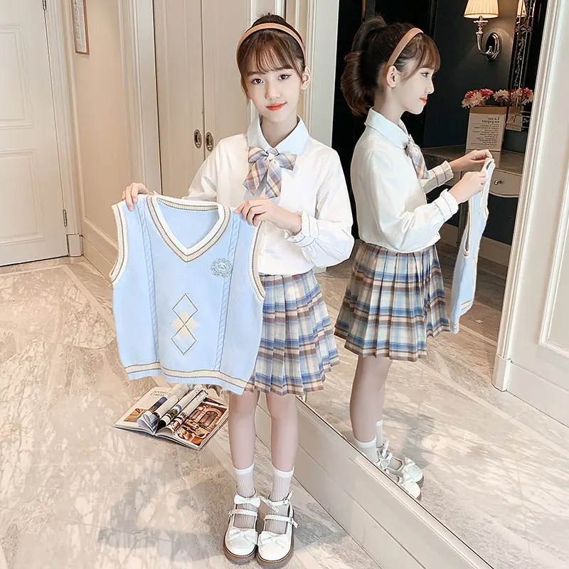 Girls' School Suit Set Blue Plaid Bow Shirt 2025 Spring - Image 2