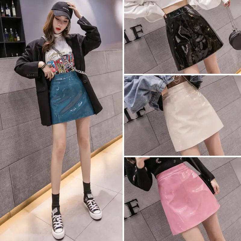 Women High Waist PU Leather Skirts Bright Colors