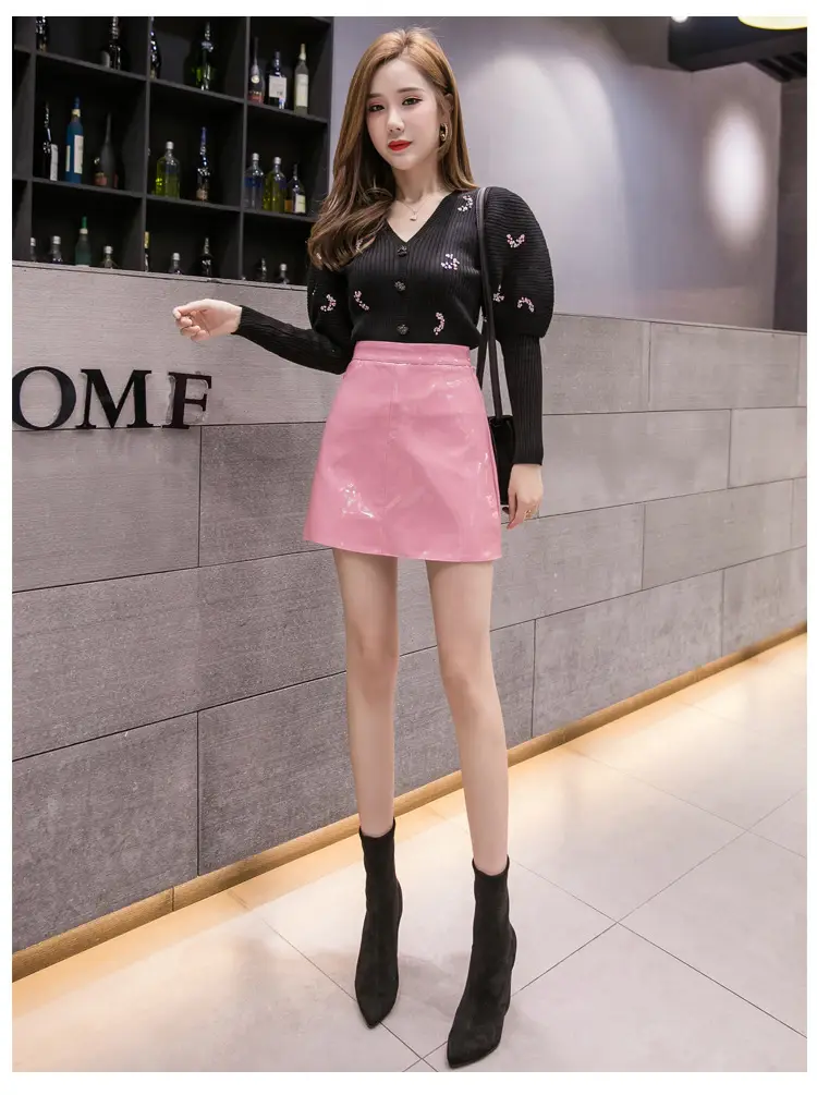 Women High Waist PU Leather Skirts Bright Colors — feature 27