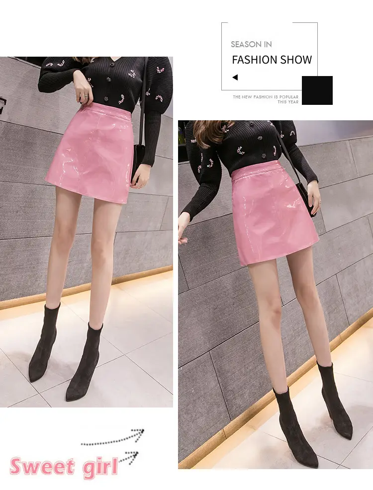 Women High Waist PU Leather Skirts Bright Colors — feature 29