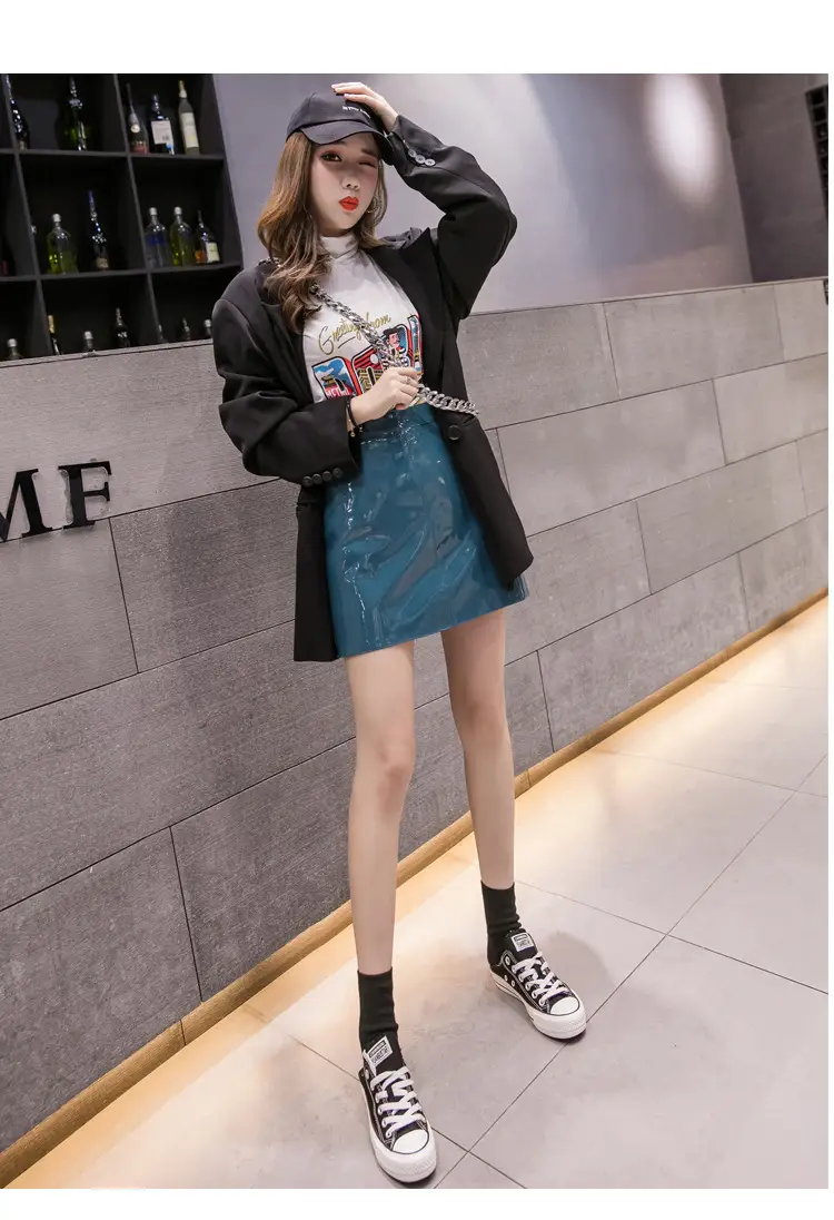 Women High Waist PU Leather Skirts Bright Colors — feature 34