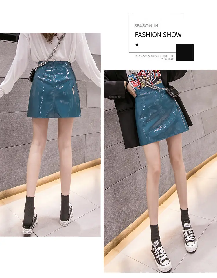 Women High Waist PU Leather Skirts Bright Colors — feature 36