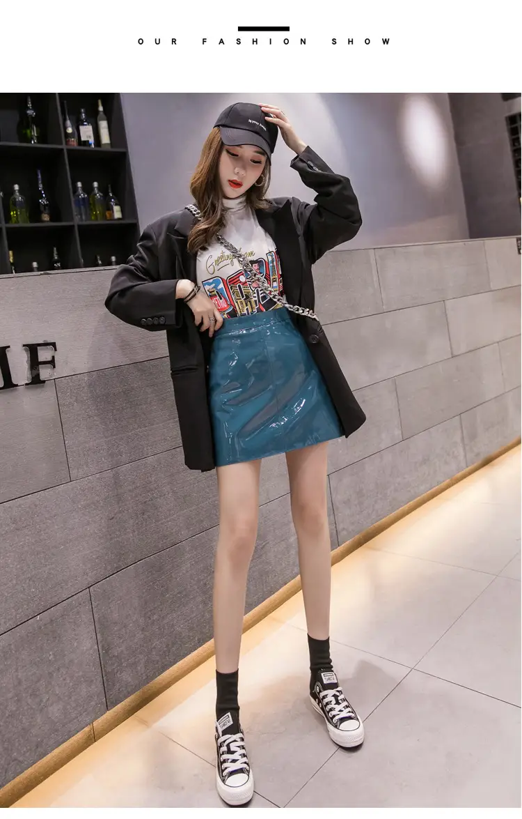 Women High Waist PU Leather Skirts Bright Colors — feature 37