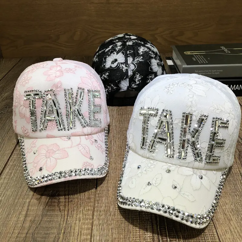 Women's Blue Rhinestone Peaked Cap with Lace