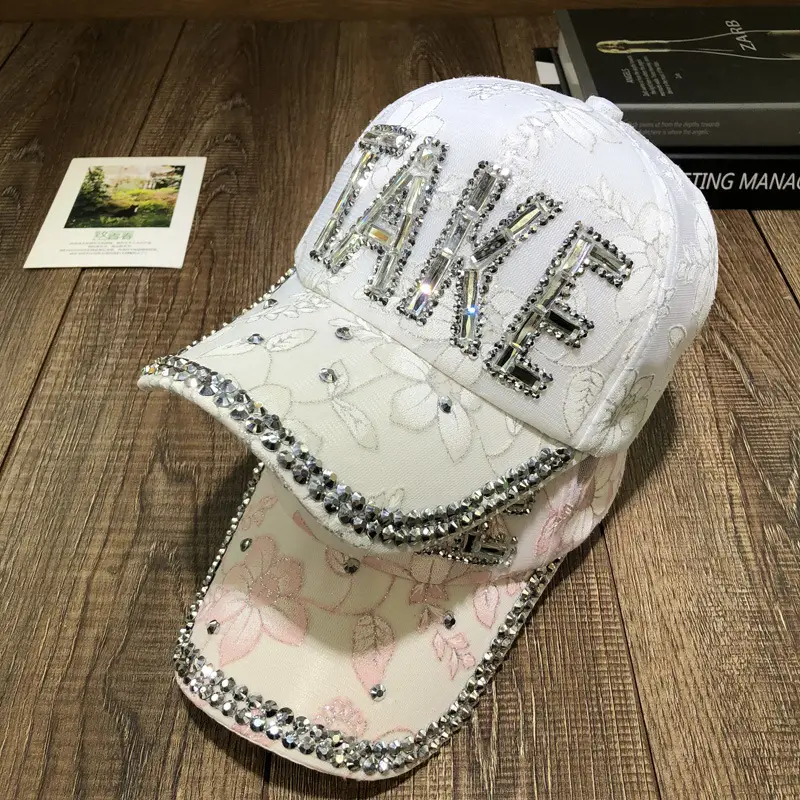 Women's Blue Rhinestone Peaked Cap with Lace