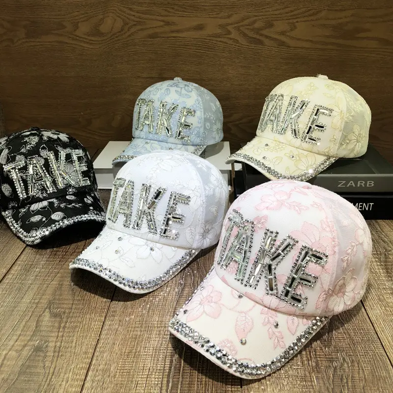 Women's Blue Rhinestone Peaked Cap with Lace