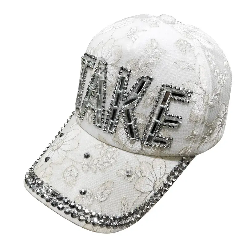Women's Blue Rhinestone Peaked Cap with Lace