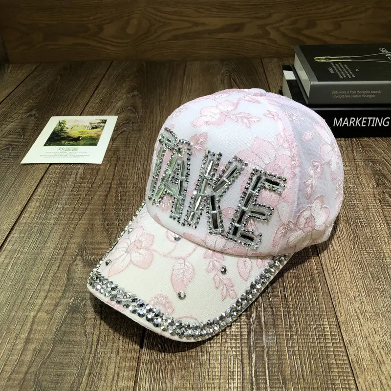 Women's Blue Rhinestone Peaked Cap with Lace