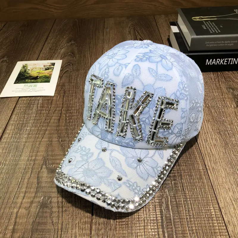 Women's Blue Rhinestone Peaked Cap with Lace