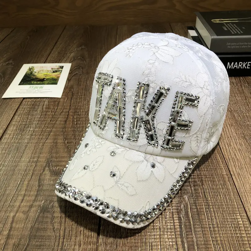 Women's Blue Rhinestone Peaked Cap with Lace